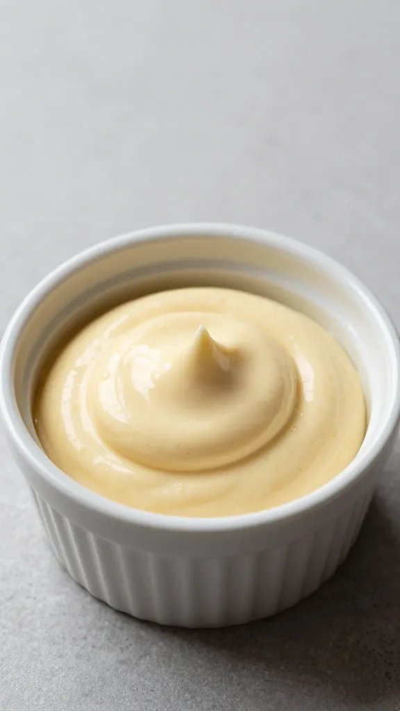 truffle mayo dollop in small ramekin, glossy surface