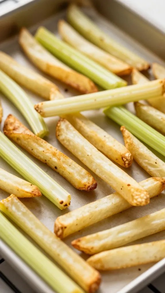 baking sheet of spaced celery root fries, oven rack