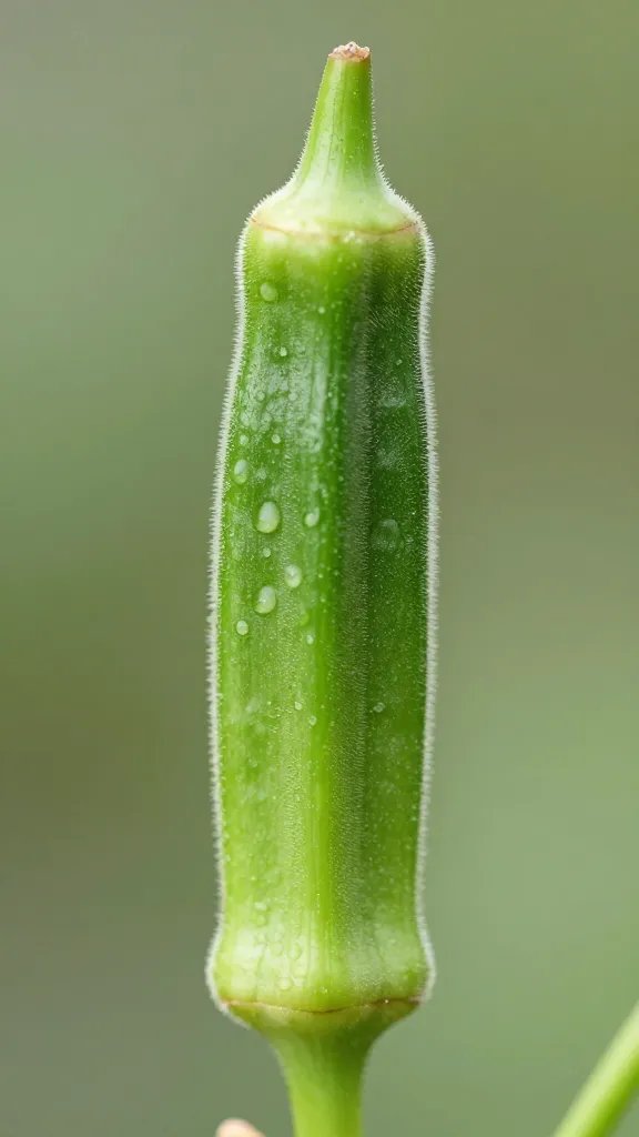 closeup of a single 4-inch bright green okra pod