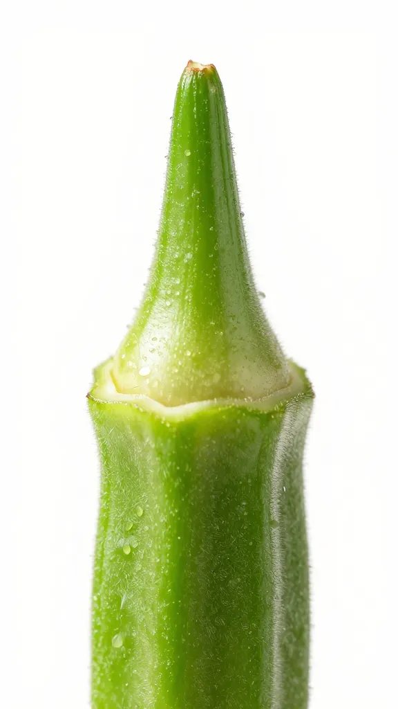 macro of okra tip snapping cleanly, white background