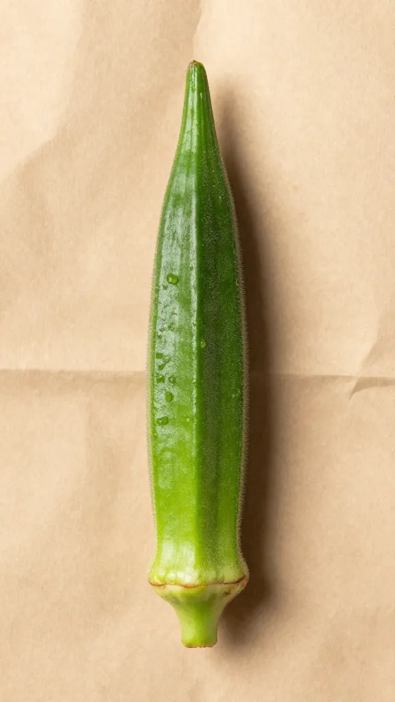 single unwashed okra pod on brown paper bag