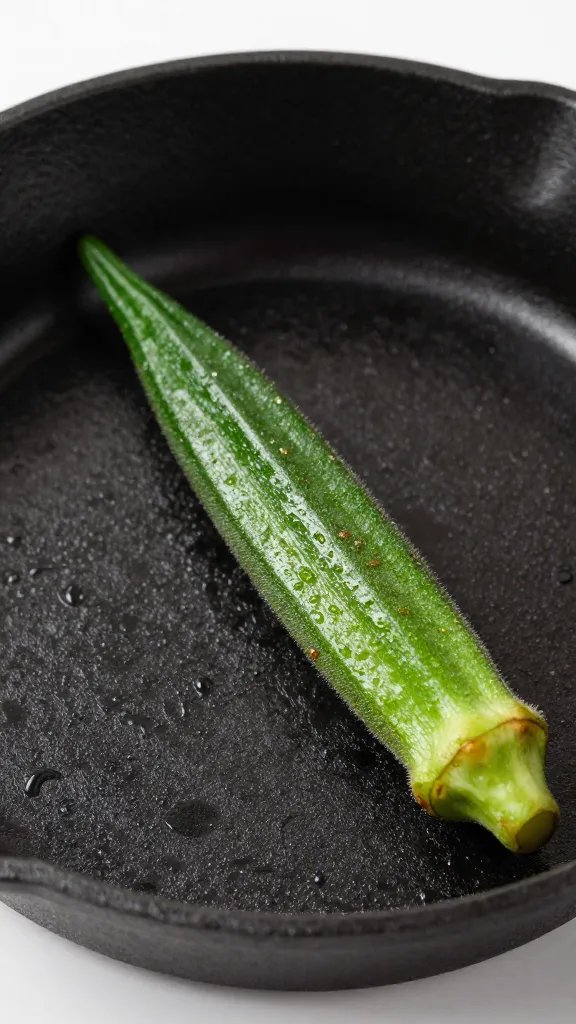 cast-iron pan with single blistered okra pod