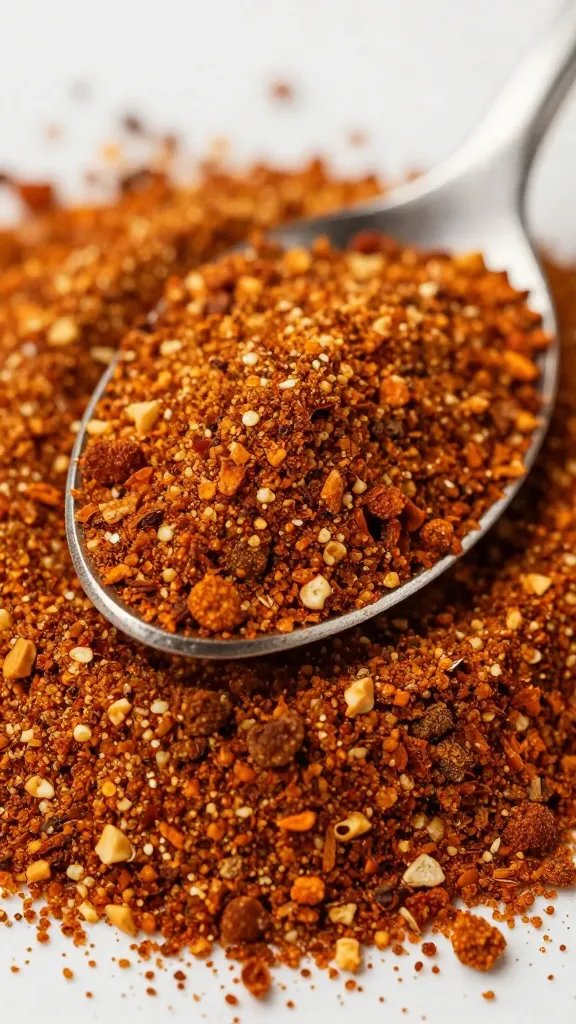 spoonful of Cajun spice blend, coarse texture closeup