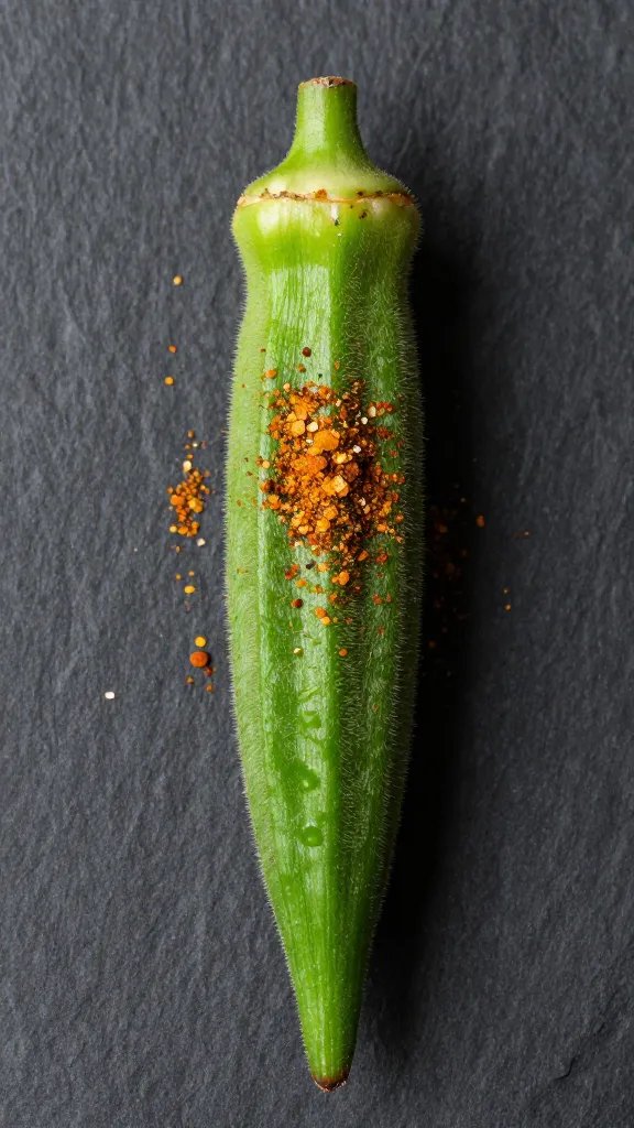 single okra pod dusted with Cajun seasoning, black slate