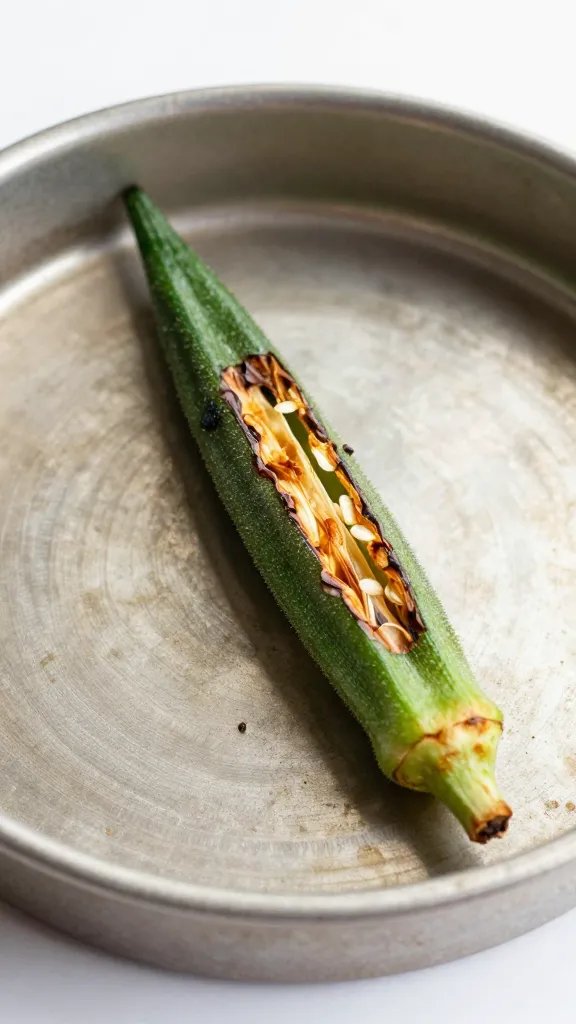 rimmed sheet pan with one roasted okra pod, crisp edges
