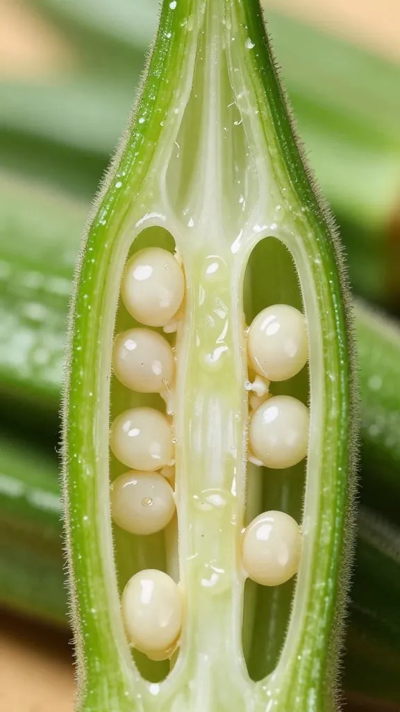 oil-sheened okra slice cross-section, seeds visible macro
