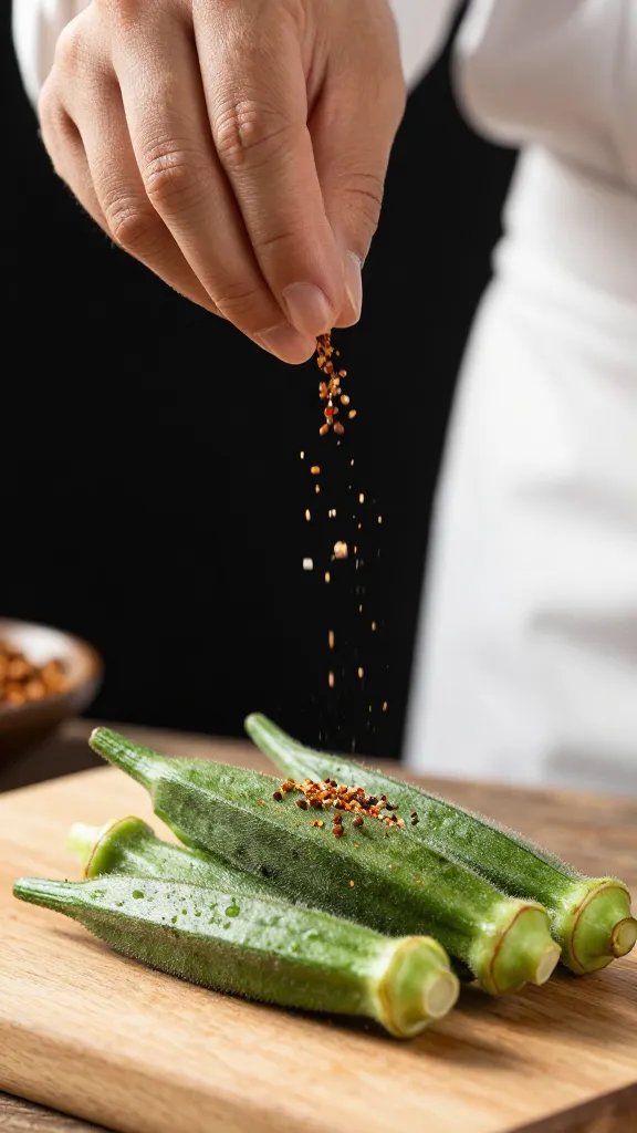 chef’s hand sprinkling spice over one okra pod