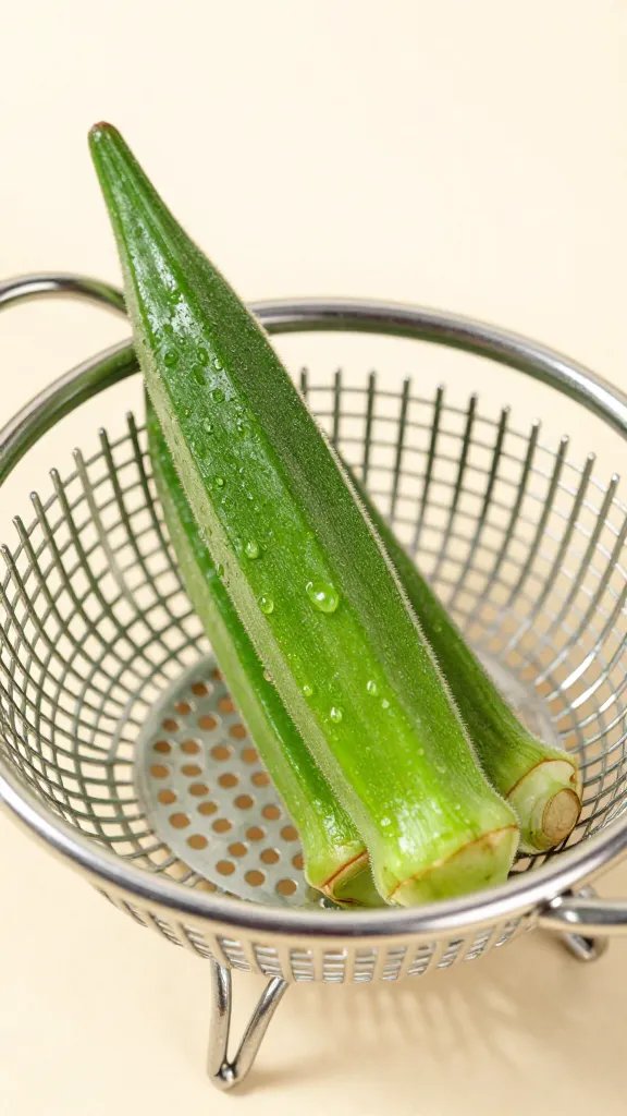 single small colander holding one fresh okra pod