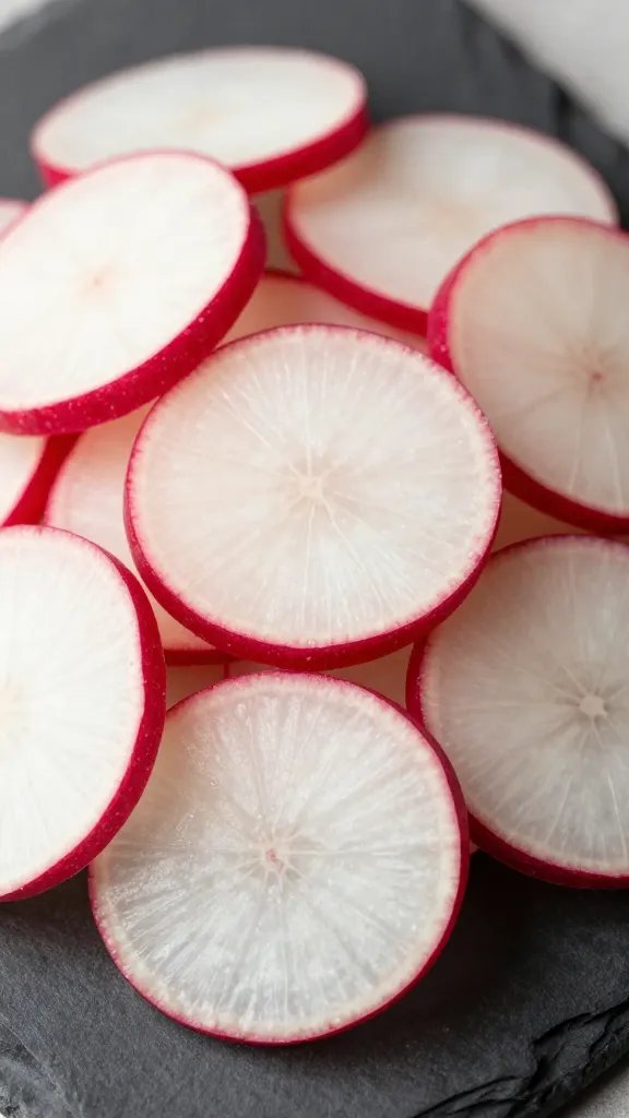 closeup bowl of chili-lime radish chips on slate