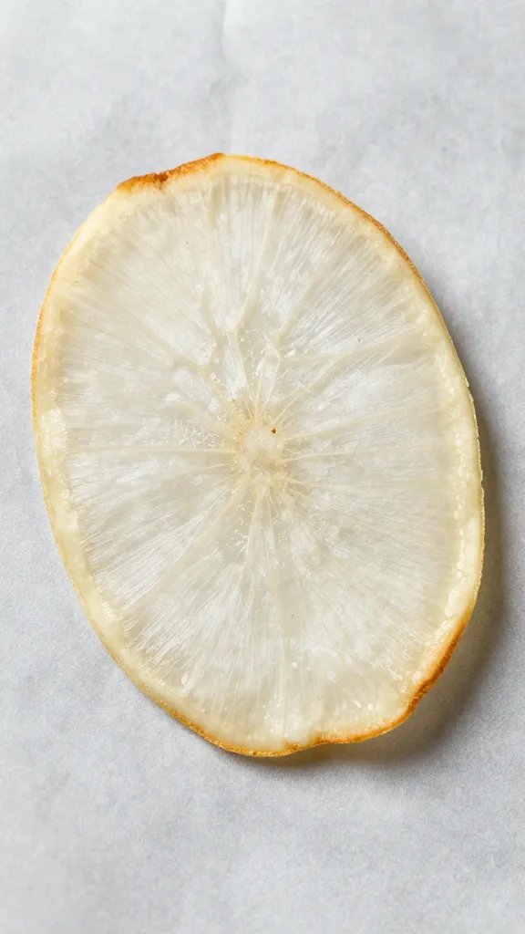 single baked radish chip on parchment, golden edges