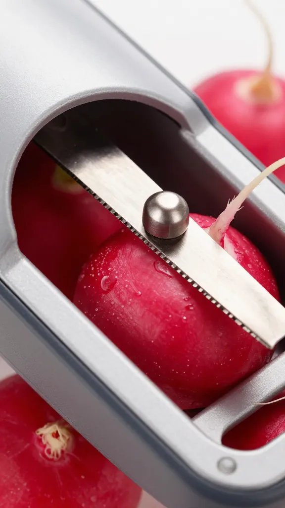 mandoline slicing red radish, ultra-thin blade detail