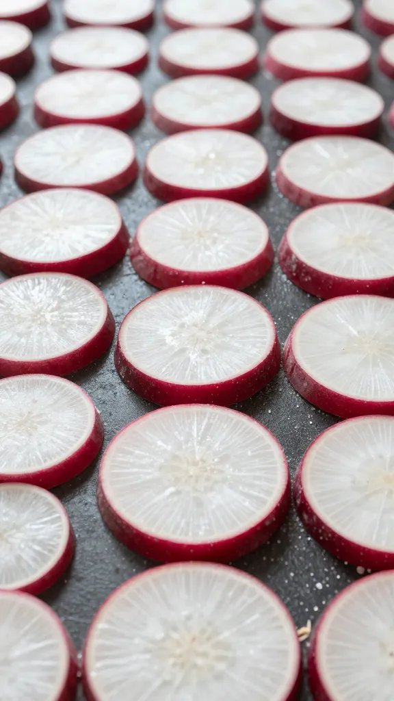 radish slices pre-drying with salt crystals visible