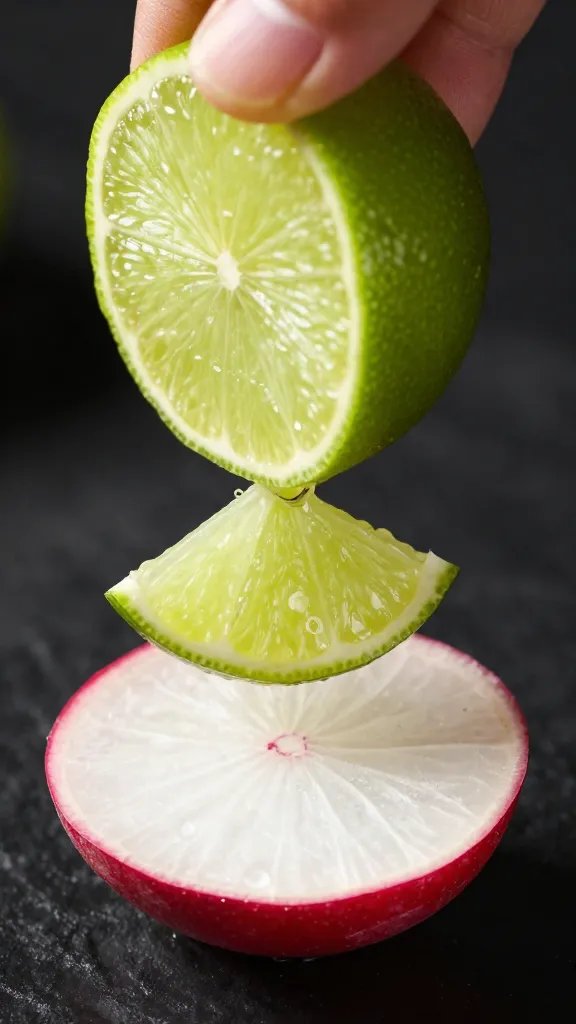 lime wedge squeezing over single radish chip