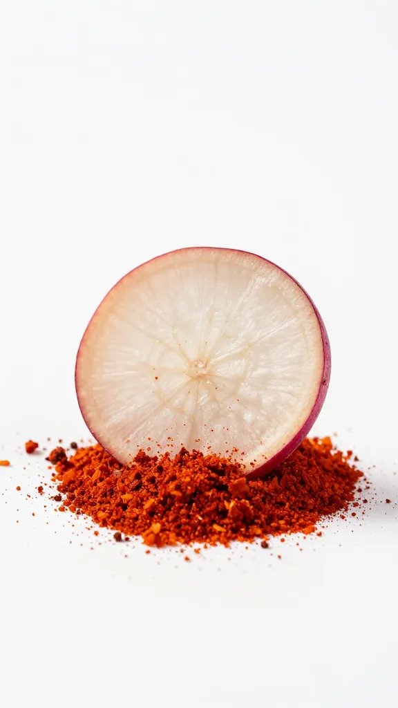 smoked paprika dusting a lone radish chip