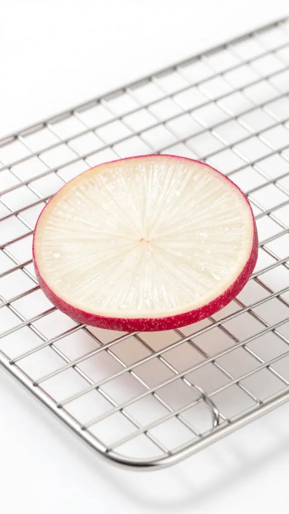 stainless cooling rack holding one crisp radish chip