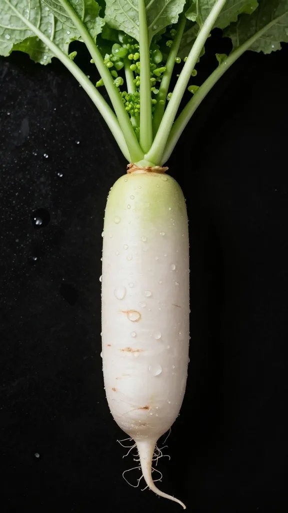 single fresh radish with dew, greens attached