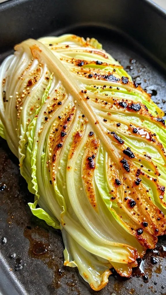 seared cabbage steak on preheated sheet pan closeup