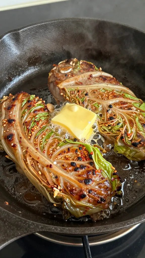 browned cabbage steak in cast iron skillet, butter sizzling