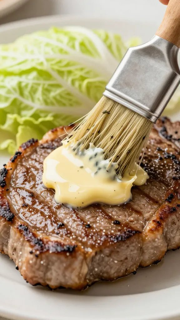 brushed cabbage steak with melted herb butter, macro