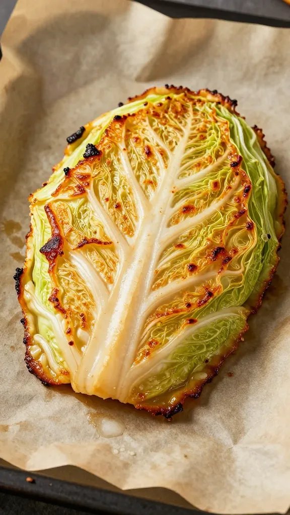 crispy-edged cabbage steak on parchment, 450°F oven glow