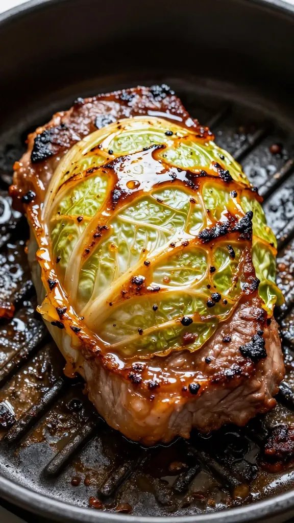 cabbage steak surface blistering under broiler, tight shot