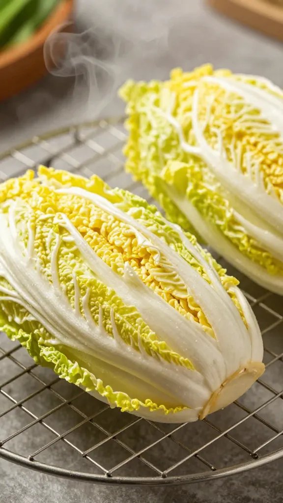 golden cabbage steak resting on wire rack, steam rising