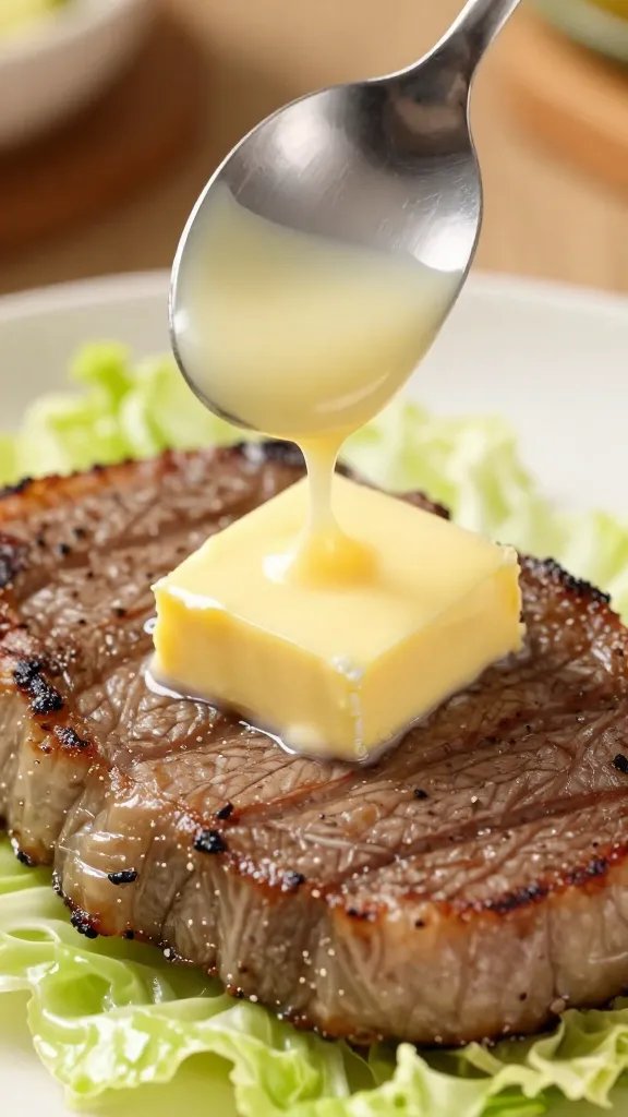 spoon drizzling butter over cabbage steak, extreme closeup
