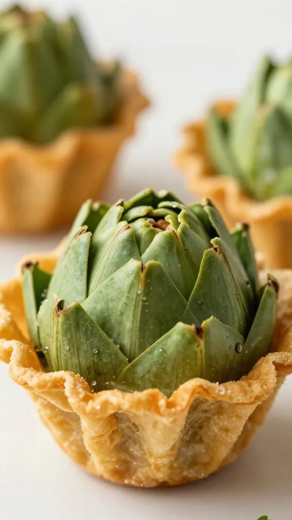 closeup spinach artichoke cup in golden wonton shell
