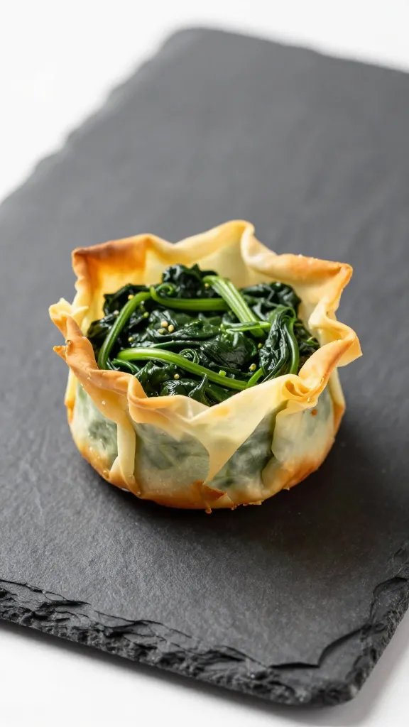 single phyllo spinach artichoke cup on slate board