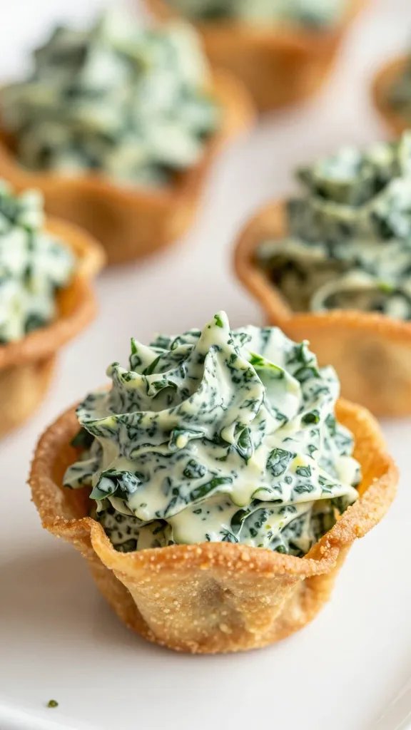 creamy spinach artichoke filling swirled in wonton cup