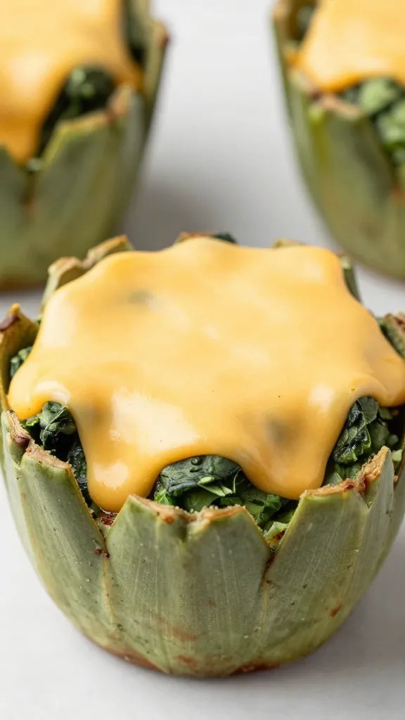 melted two-cheese topping on spinach artichoke cup