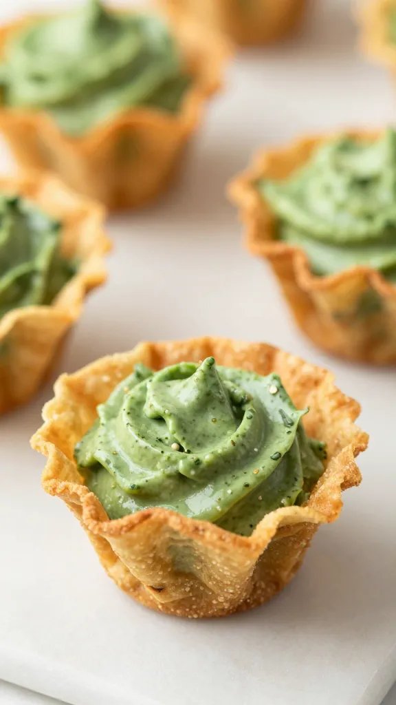crisp wonton cup with set creamy spinach center