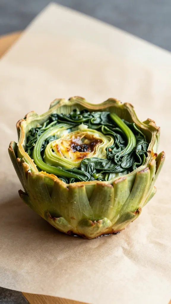 single reheated spinach artichoke cup on parchment