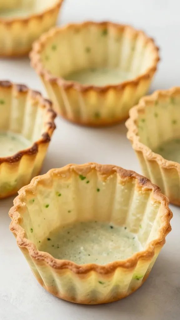 browned edges of phyllo cup with green flecks