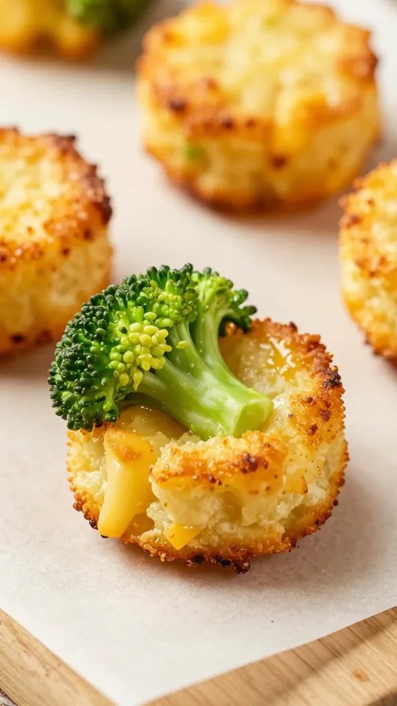 closeup of crispy broccoli cheddar bite on parchment
