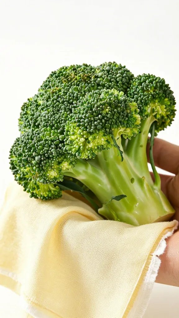 hand-squeezed broccoli in cheesecloth, tight closeup