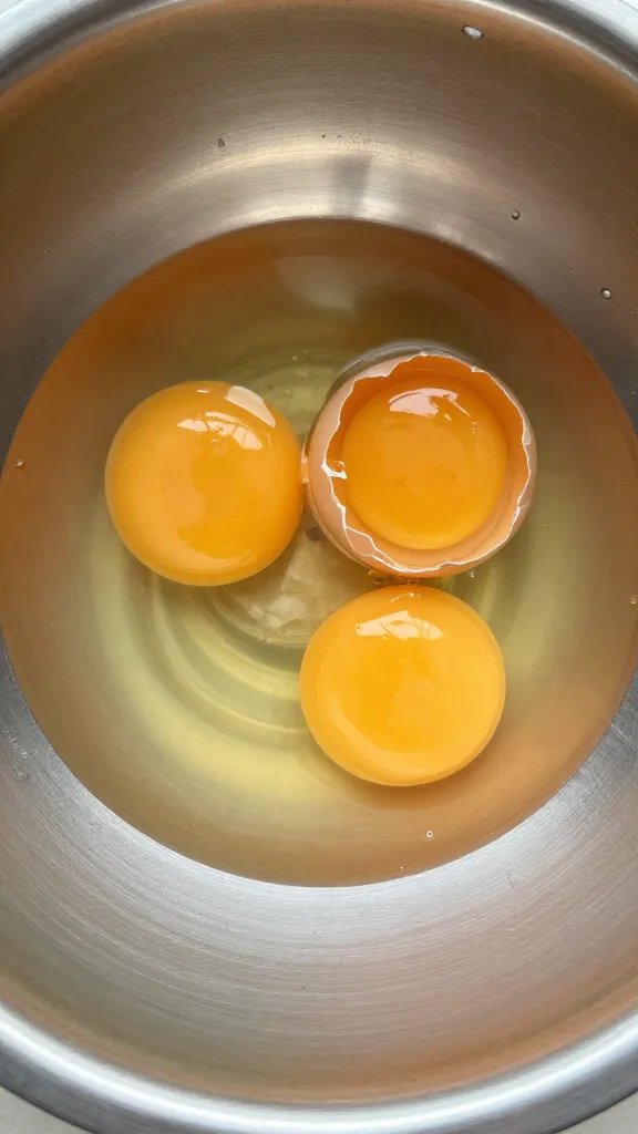 cracked egg in stainless mixing bowl, overhead closeup