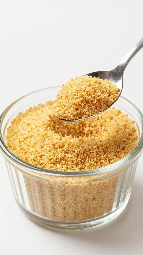 spoonful of fine breadcrumbs in glass ramekin