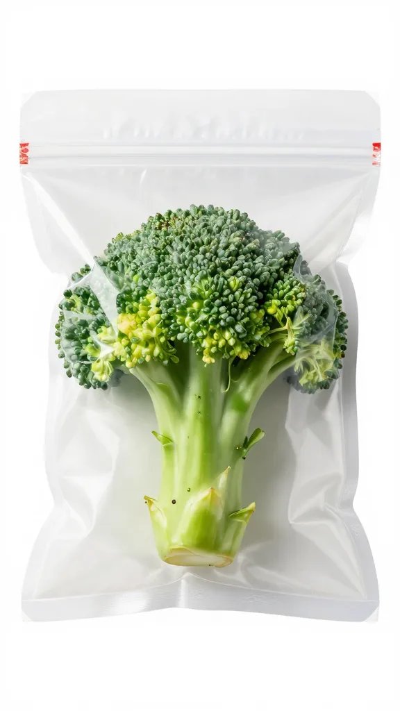 airtight freezer bag with one labeled broccoli bite inside