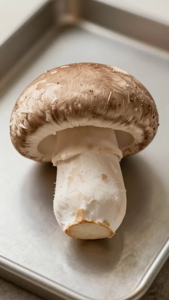 closeup of single stuffed cremini mushroom on baking tray
