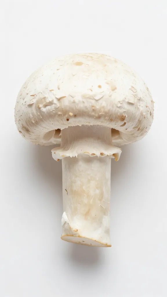 single white button mushroom cap, stem removed, overhead