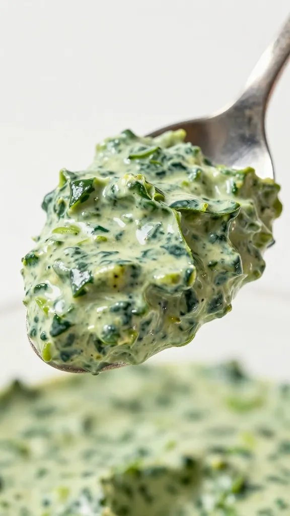 spoonful of creamy spinach-cheese filling, macro shot
