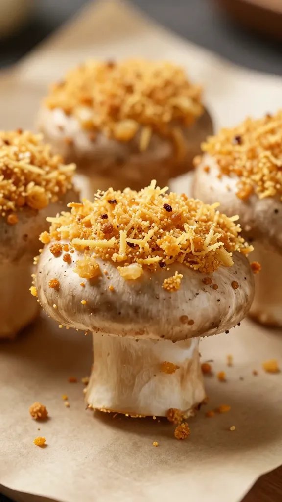 golden breadcrumb-topped mushroom, side-lit on parchment