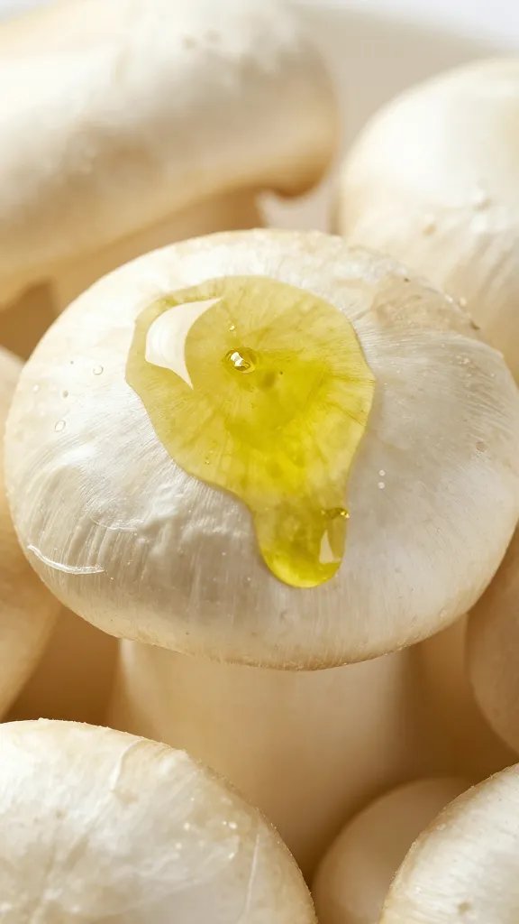 raw cremini cap brushed with olive oil, extreme closeup