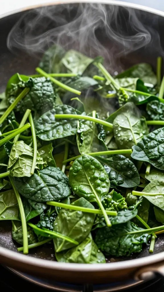 finely chopped spinach in skillet with steam, shallow focus