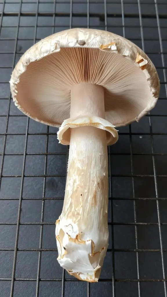 single mushroom cap drained upside-down on wire rack