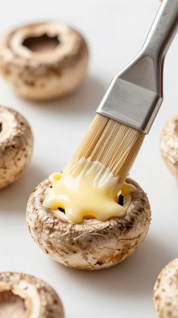 pastry brush glazing one mushroom cap with butter