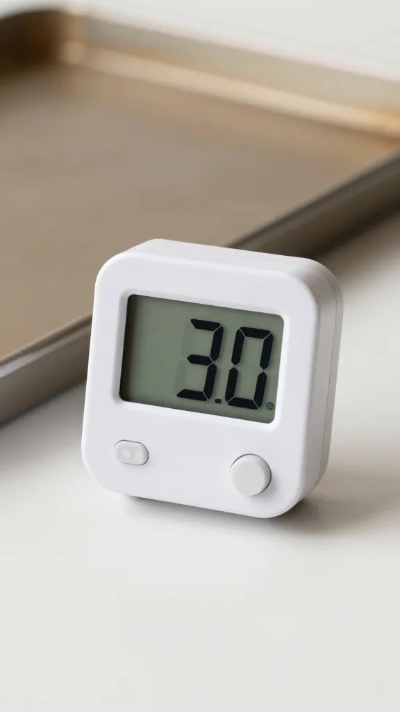 digital timer at 20 minutes beside hot baking sheet edge