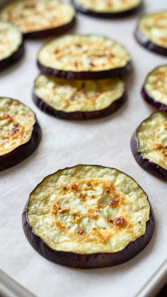 closeup of crispy eggplant chip on parchment-lined sheet