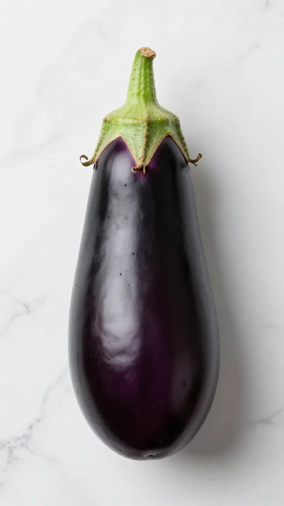 single Japanese eggplant with tight green cap on marble